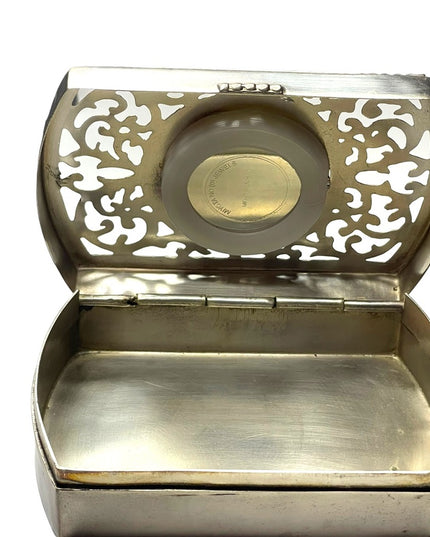 Vintage Silver finish ornate filagree trinket box with clock