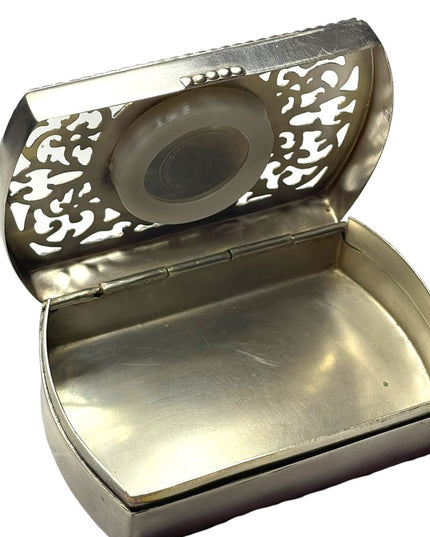 Vintage Silver finish ornate filagree trinket box with clock
