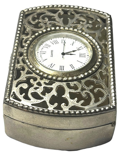 Vintage Silver finish ornate filagree trinket box with clock