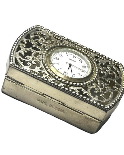 Vintage Silver finish ornate filagree trinket box with clock