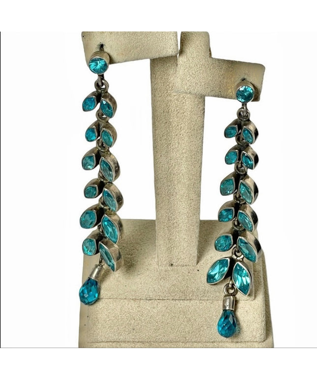 Sterling silver 925 London blue topaz crystal long dangle earrings