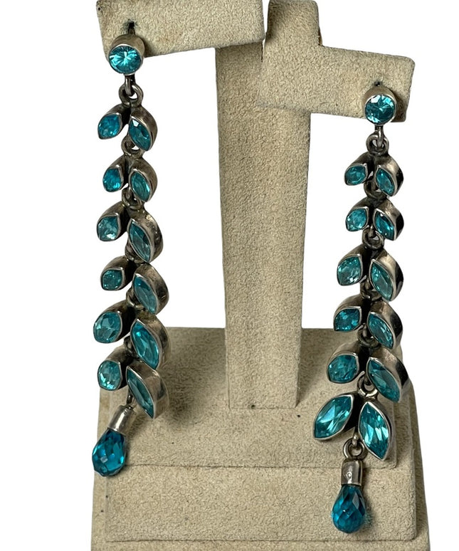 Sterling silver 925 London blue topaz crystal long dangle earrings