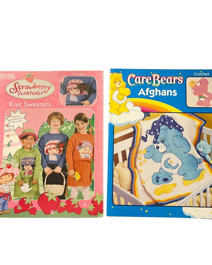 2 Books Knitting Crochet Care bears Afghans Strawberry Shortcake Sweaters