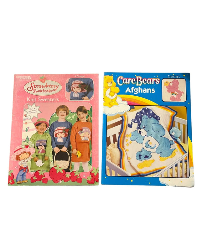 2 Books Knitting Crochet Care bears Afghans Strawberry Shortcake Sweaters