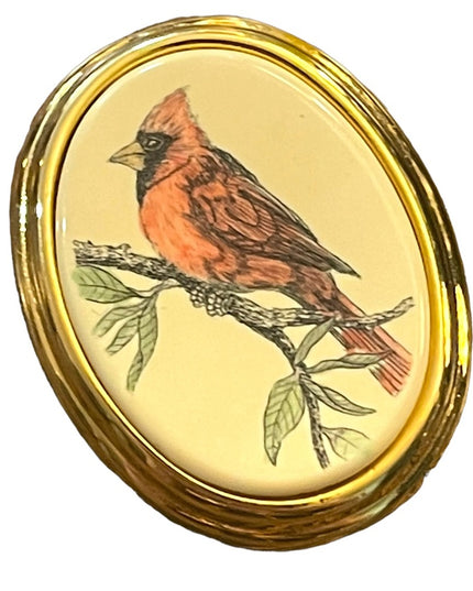 Vintage BARLOW gold finish Red Cardinal hand painted brooch