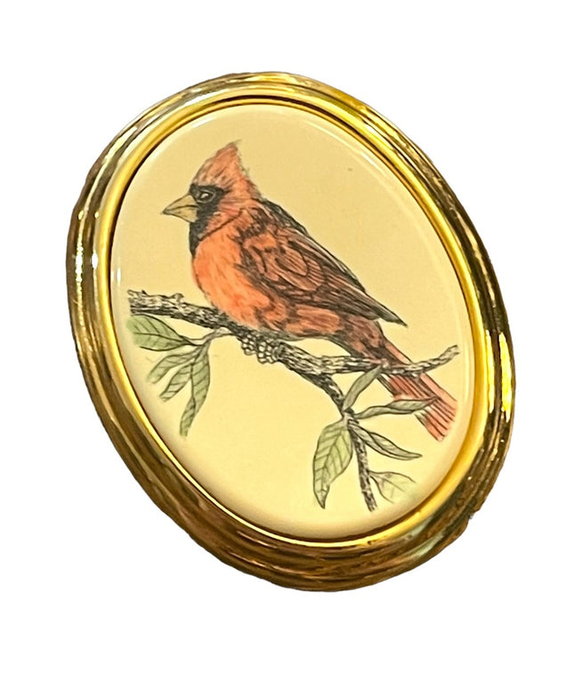 Vintage BARLOW gold finish Red Cardinal hand painted brooch