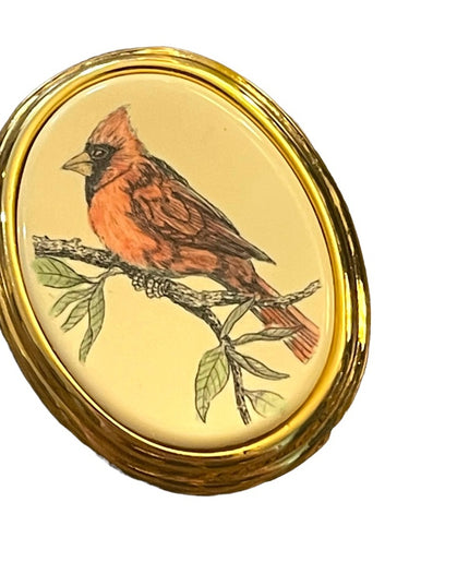 Vintage BARLOW gold finish Red Cardinal hand painted brooch