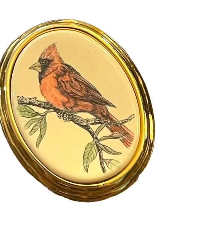 Vintage BARLOW gold finish Red Cardinal hand painted brooch