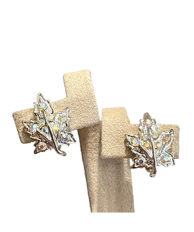 Vintage CORO Silvwr finish AB crystal Maple leaf screwback earrings 1960s