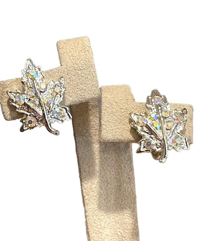 Vintage CORO Silvwr finish AB crystal Maple leaf screwback earrings 1960s
