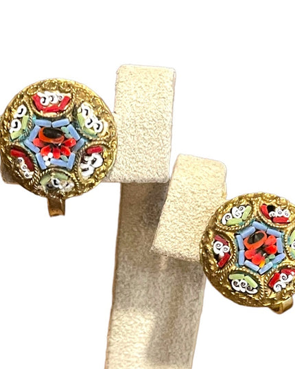 Vintage 1940s Italian glass Micro Mosaic gold finish Italy Earrings