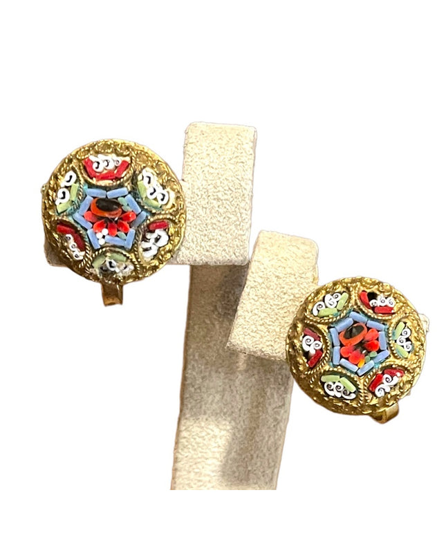 Vintage 1940s Italian glass Micro Mosaic gold finish Italy Earrings