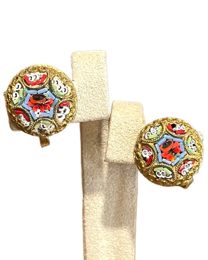 Vintage 1940s Italian glass Micro Mosaic gold finish Italy Earrings