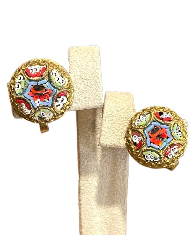 Vintage 1940s Italian glass Micro Mosaic gold finish Italy Earrings