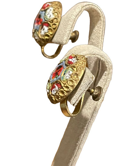 Vintage 1940s Italian glass Micro Mosaic gold finish Italy Earrings