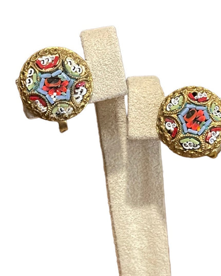 Vintage 1940s Italian glass Micro Mosaic gold finish Italy Earrings