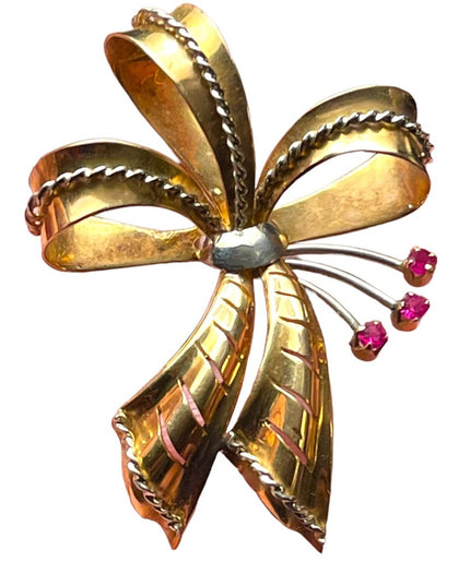 Stunning 750 18k Yellow Solid Gold Ruby Victorian Bow Brooch pendant Antique
