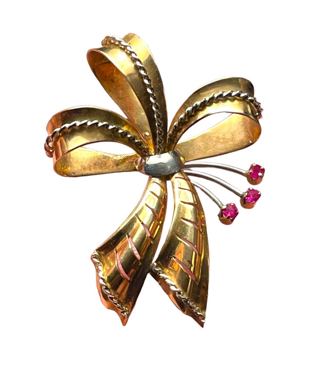 Stunning 750 18k Yellow Solid Gold Ruby Victorian Bow Brooch pendant Antique