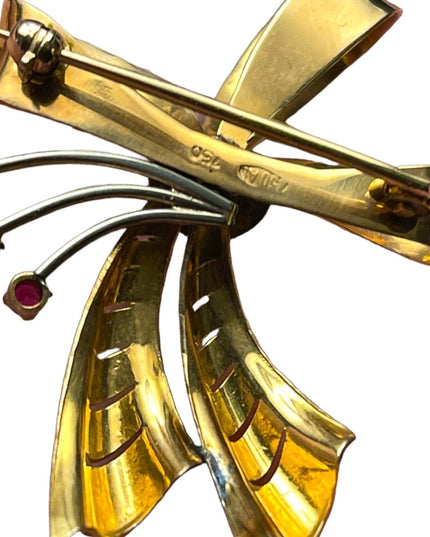 Stunning 750 18k Yellow Solid Gold Ruby Victorian Bow Brooch pendant Antique