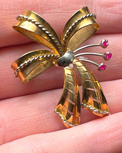 Stunning 750 18k Yellow Solid Gold Ruby Victorian Bow Brooch pendant Antique
