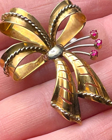 Stunning 750 18k Yellow Solid Gold Ruby Victorian Bow Brooch pendant Antique