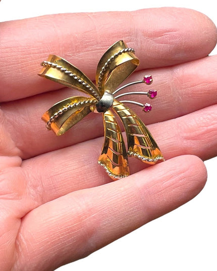 Stunning 750 18k Yellow Solid Gold Ruby Victorian Bow Brooch pendant Antique