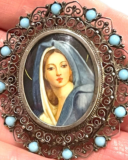 Antique 800 Silver turquois Handpainted Madonna Virgin Mary pendant brooch