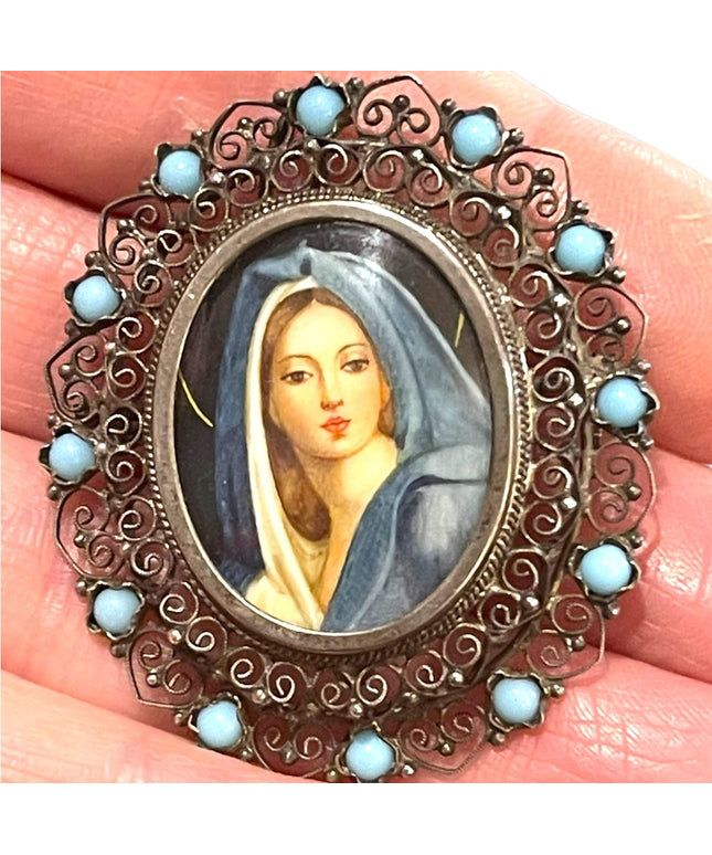 Antique 800 Silver turquois Handpainted Madonna Virgin Mary pendant brooch