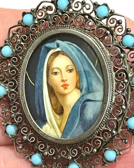 Antique 800 Silver turquois Handpainted Madonna Virgin Mary pendant brooch