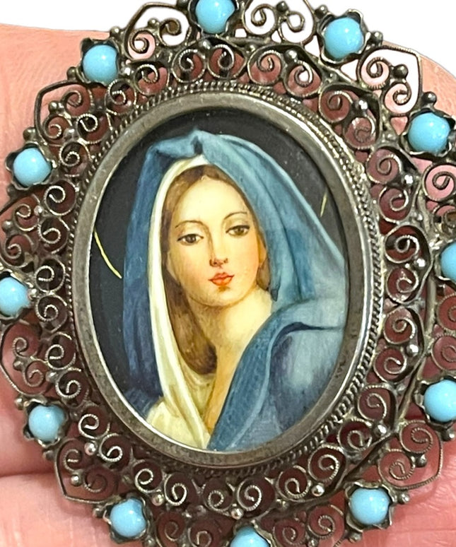 Antique 800 Silver turquois Handpainted Madonna Virgin Mary pendant brooch