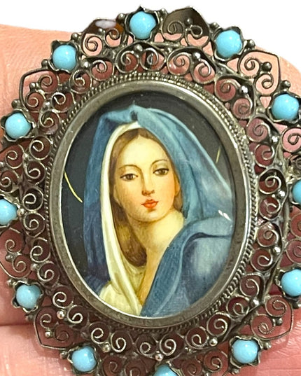 Antique 800 Silver turquois Handpainted Madonna Virgin Mary pendant brooch