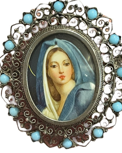 Antique 800 Silver turquois Handpainted Madonna Virgin Mary pendant brooch