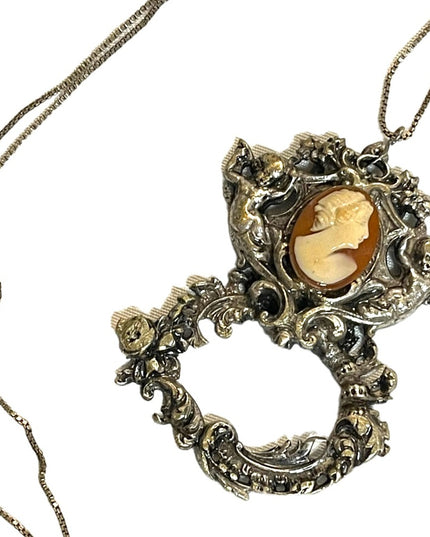 Antique Vintage Angels shell Cameo pendant Sterling chain Necklace ornate