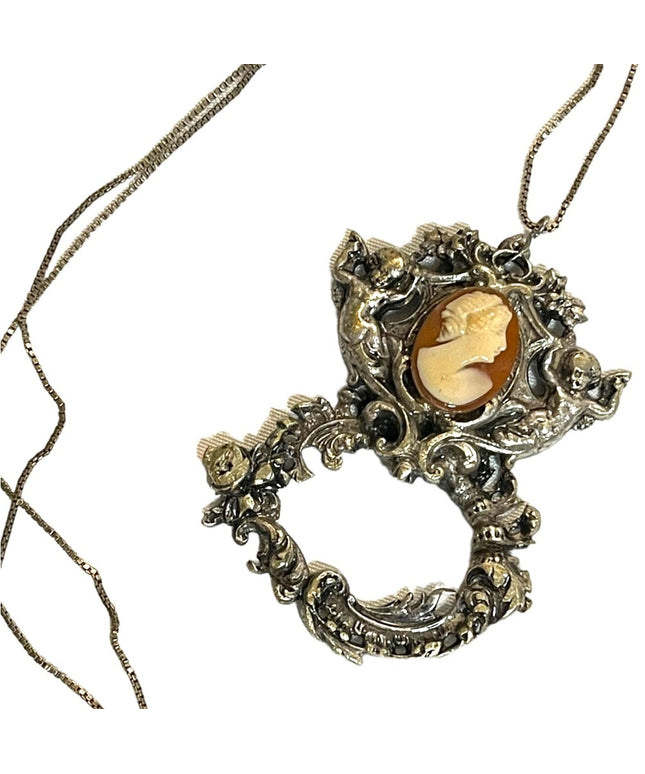 Antique Vintage Angels shell Cameo pendant Sterling chain Necklace ornate