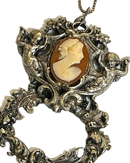 Antique Vintage Angels shell Cameo pendant Sterling chain Necklace ornate