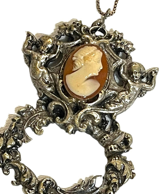 Antique Vintage Angels shell Cameo pendant Sterling chain Necklace ornate