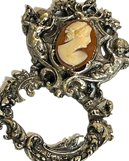 Antique Vintage Angels shell Cameo pendant Sterling chain Necklace ornate