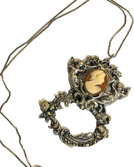 Antique Vintage Angels shell Cameo pendant Sterling chain Necklace ornate