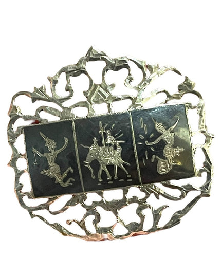 Vintage sterling silver 925 Made in Siam Black enamel goddess brooch filagree