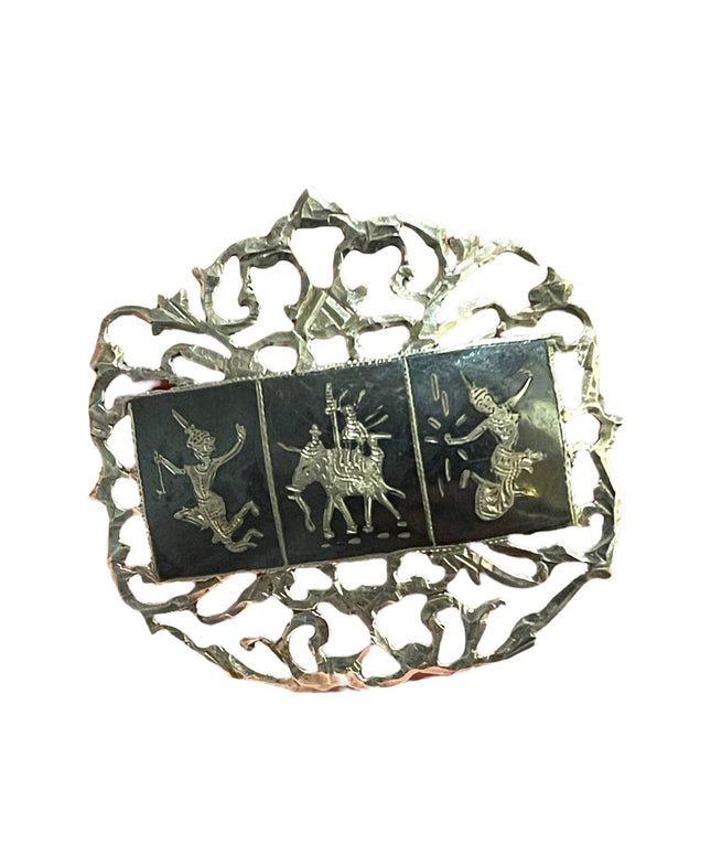 Vintage sterling silver 925 Made in Siam Black enamel goddess brooch filagree