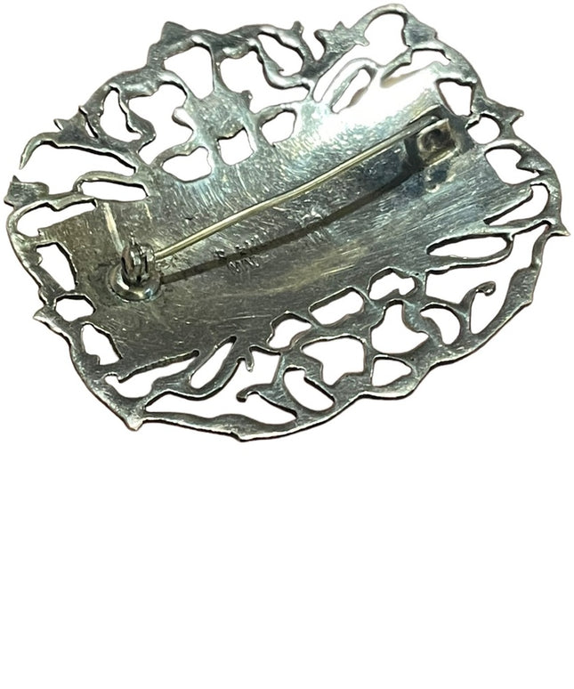 Vintage sterling silver 925 Made in Siam Black enamel goddess brooch filagree