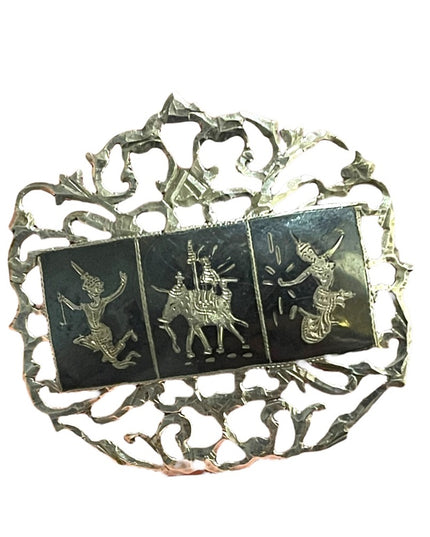 Vintage sterling silver 925 Made in Siam Black enamel goddess brooch filagree