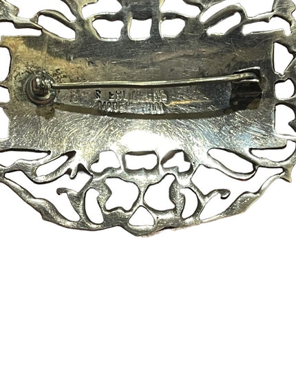 Vintage sterling silver 925 Made in Siam Black enamel goddess brooch filagree
