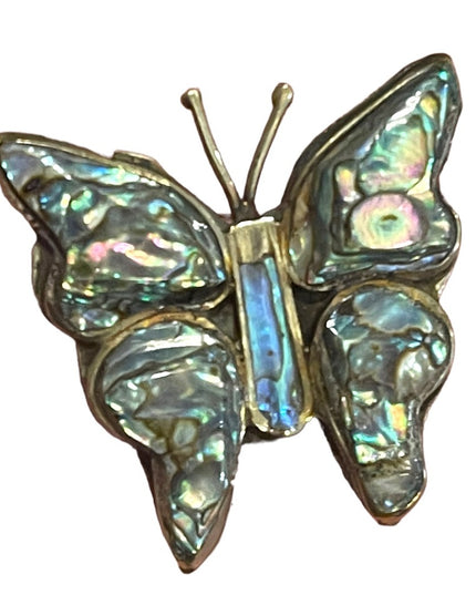 Vintage Alpaca Mexico Abalone fancy shell silver butterfly brooch 1960s