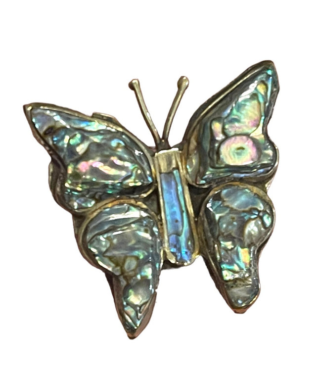 Vintage Alpaca Mexico Abalone fancy shell silver butterfly brooch 1960s