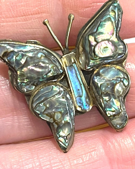 Vintage Alpaca Mexico Abalone fancy shell silver butterfly brooch 1960s