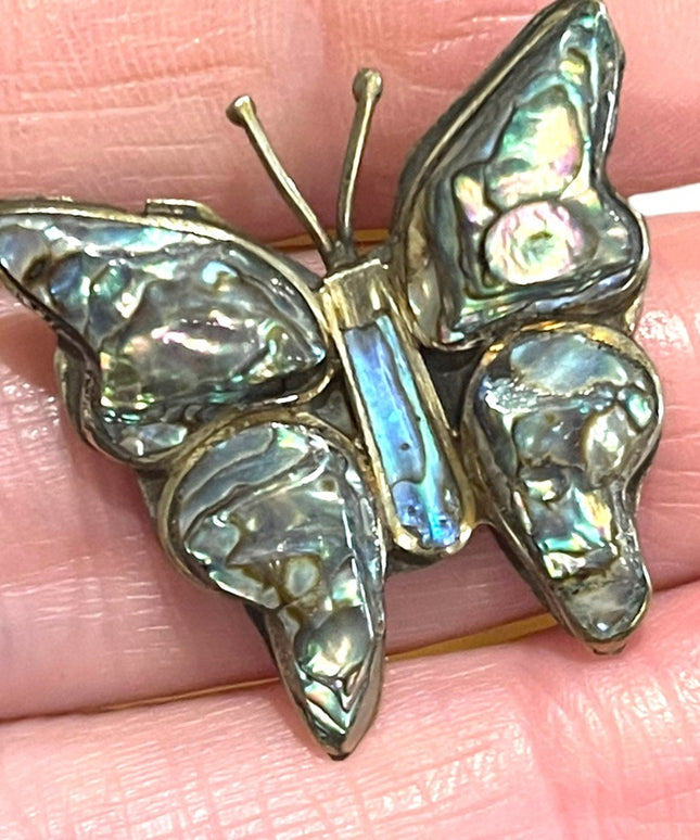 Vintage Alpaca Mexico Abalone fancy shell silver butterfly brooch 1960s