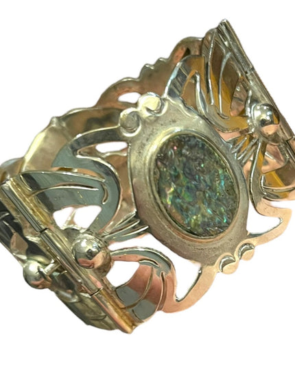 Vintage 1960s Alpaca Mexico 925 Large sterling silver link abalone bracelet