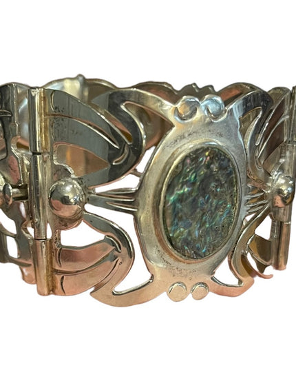 Vintage 1960s Alpaca Mexico 925 Large sterling silver link abalone bracelet