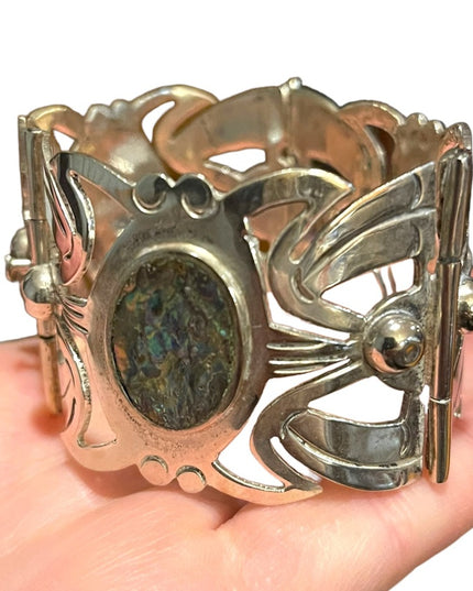 Vintage 1960s Alpaca Mexico 925 Large sterling silver link abalone bracelet